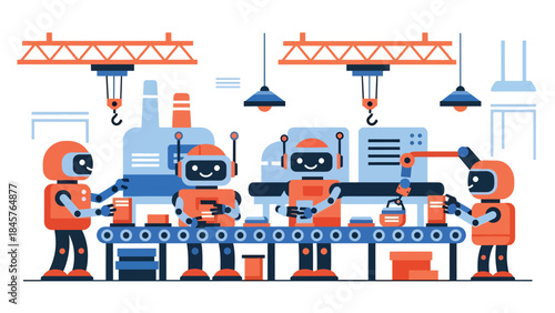 Industrial robotic working in smart factory environment, modern flat vector illustration, ideal for automation, technology, and future industry themes