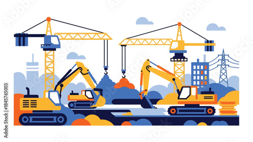 Heavy industrial machinery operated by skilled workers at construction site, flat vector illustration, ideal for engineering, construction, and industry visuals