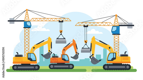 Heavy industrial machinery operated by skilled workers at construction site, flat vector illustration, ideal for engineering, construction, and industry visuals