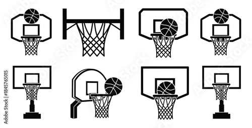 Collection of eight black and white basketball hoop icons showing various backboards and nets for sports design