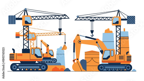 Heavy industrial machinery operated by skilled workers at construction site, flat vector illustration, ideal for engineering, construction, and industry visuals