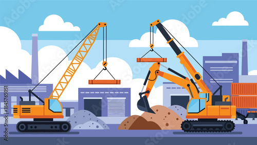 Heavy industrial machinery operated by skilled workers at construction site, flat vector illustration, ideal for engineering, construction, and industry visuals