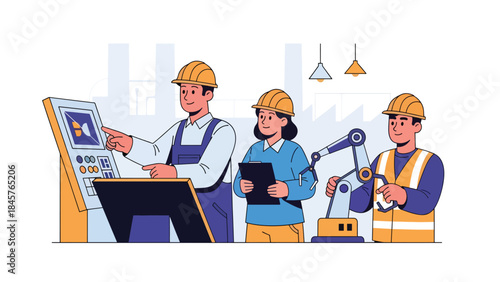 Industrial engineers collaborating on production planning, modern flat vector illustration, ideal for teamwork, manufacturing management, and industry visuals