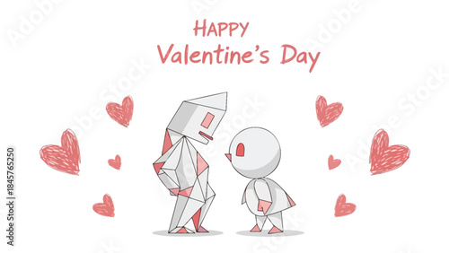 A cute robot couple stands together surrounded by floating hearts on valentine's day