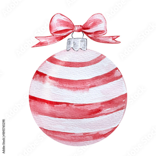 Watercolor Red Christmas ornament with red bow, illustration for holiday design.