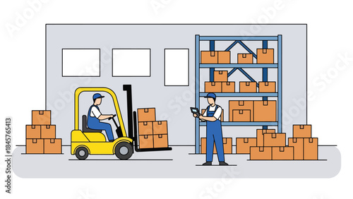 Vector illustration of warehouse workers managing inventory with a forklift and tablet, highlighting logistics operations, supply chain management, and efficient distribution in a modern storage