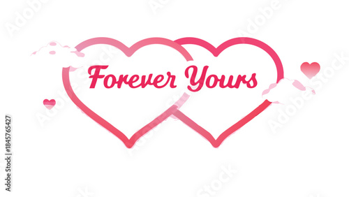 Intertwined pink hearts with forever yours text on white background for love and romance
