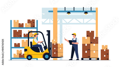 Vector illustration of warehouse workers managing inventory with a forklift and tablet, highlighting logistics operations, supply chain management, and efficient distribution in a modern storage