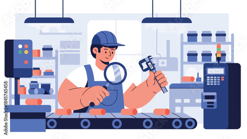 Quality control inspection in manufacturing facility, modern flat vector illustration, ideal for standards, safety, and industrial quality management themes