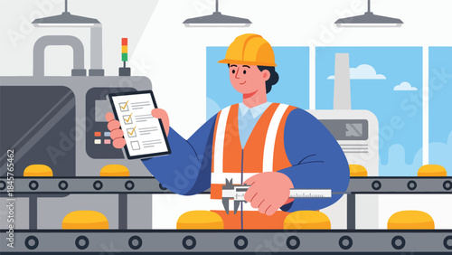 Quality control inspection in manufacturing facility, modern flat vector illustration, ideal for standards, safety, and industrial quality management themes