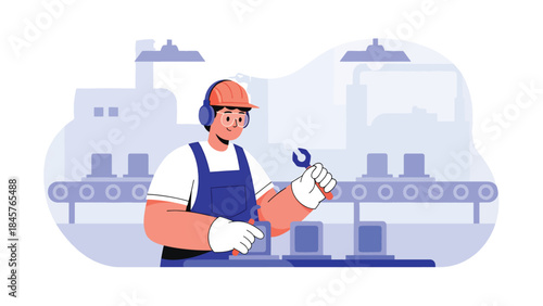 Quality control inspection in manufacturing facility, modern flat vector illustration, ideal for standards, safety, and industrial quality management themes