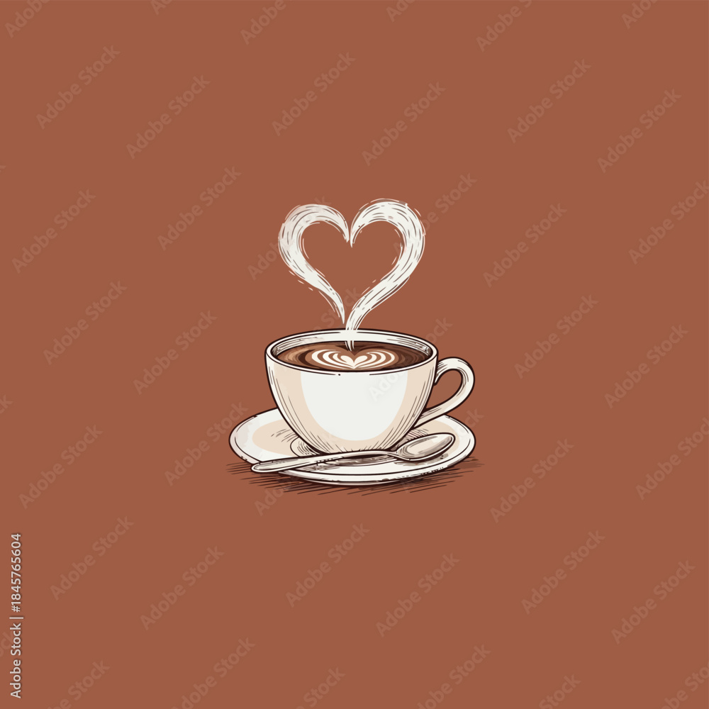 Obraz premium Cozy coffee cup with heart steam on saucer and spoon