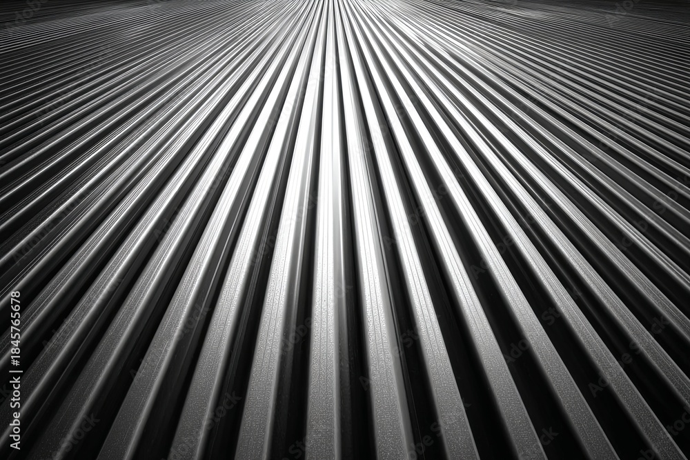 Obraz premium Low-angle shot looking up at a clean, powerful, abstract pattern formed by overlapping, clean corrugated metal/steel sheets, perspective, industry, high contrast, hyperre