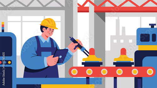 Quality control inspection in manufacturing facility, modern flat vector illustration, ideal for standards, safety, and industrial quality management themes
