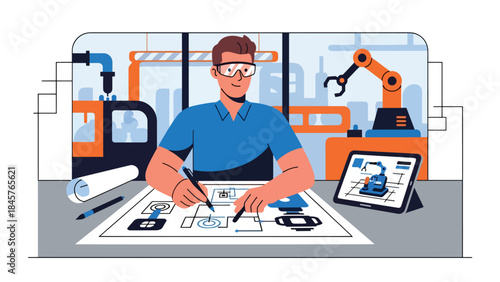 Vector illustration of an engineer designing industrial machinery at a desk using digital tools, showcasing mechanical engineering, product development, and modern manufacturing workflow in an office 