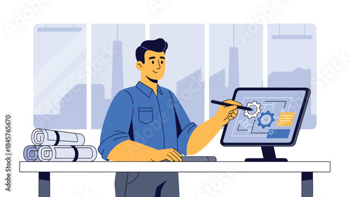 Vector illustration of an engineer designing industrial machinery at a desk using digital tools, showcasing mechanical engineering, product development, and modern manufacturing workflow in an office 