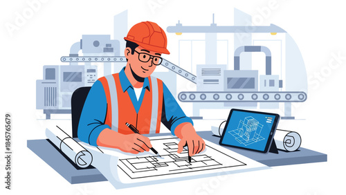 Vector illustration of an engineer designing industrial machinery at a desk using digital tools, showcasing mechanical engineering, product development, and modern manufacturing workflow in an office 
