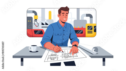 Vector illustration of an engineer designing industrial machinery at a desk using digital tools, showcasing mechanical engineering, product development, and modern manufacturing workflow in an office 