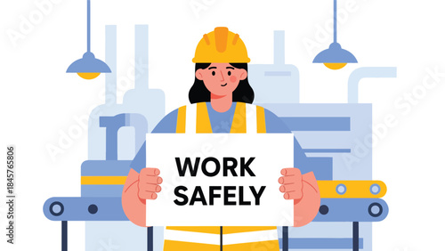 Vector illustration of a factory worker holding a work safely sign in an industrial facility, promoting workplace safety, occupational health, compliance training, and risk prevention in manufacturing