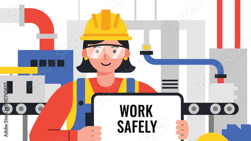 Vector illustration of a factory worker holding a work safely sign in an industrial facility, promoting workplace safety, occupational health, compliance training, and risk prevention in manufacturing