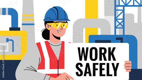 Vector illustration of a factory worker holding a work safely sign in an industrial facility, promoting workplace safety, occupational health, compliance training, and risk prevention in manufacturing