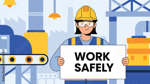 Vector illustration of a factory worker holding a work safely sign in an industrial facility, promoting workplace safety, occupational health, compliance training, and risk prevention in manufacturing
