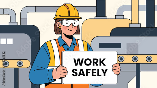 Vector illustration of a factory worker holding a work safely sign in an industrial facility, promoting workplace safety, occupational health, compliance training, and risk prevention in manufacturing