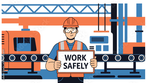 Vector illustration of a factory worker holding a work safely sign in an industrial facility, promoting workplace safety, occupational health, compliance training, and risk prevention in manufacturing