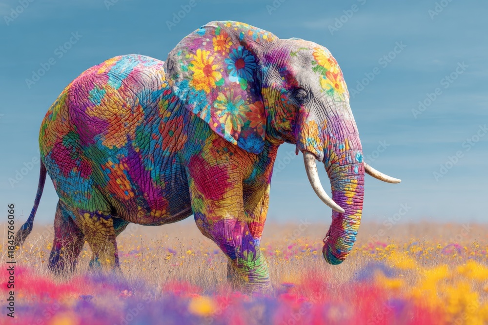 Obraz premium Colorful African Elephant Walks Through Savanna Filled With Flowers in Summer Sunshine While Showcasing Vibrant Patterns