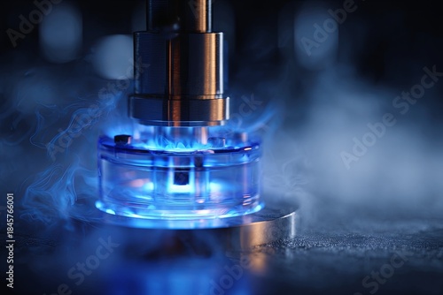 A clean, dramatic, moody shot of an isolated, glowing piece of scientific equipment (focused object) emitting a blue colored light, surrounded by smoke/mist, breakthrough