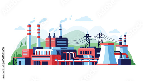 Chemical industry production plant with tanks and pipelines, modern flat vector illustration, ideal for science, industry, and infrastructure visuals