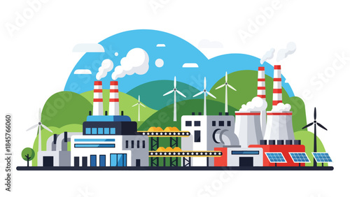 Chemical industry production plant with tanks and pipelines, modern flat vector illustration, ideal for science, industry, and infrastructure visuals