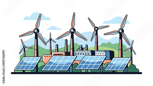 Renewable energy industry with wind turbines and solar panels, modern flat vector illustration, ideal for sustainable industry and clean energy themes