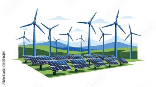 Renewable energy industry with wind turbines and solar panels, modern flat vector illustration, ideal for sustainable industry and clean energy themes