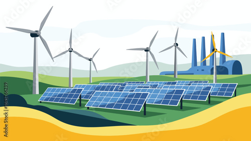 Renewable energy industry with wind turbines and solar panels, modern flat vector illustration, ideal for sustainable industry and clean energy themes