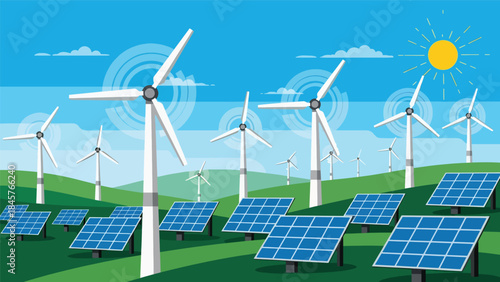 Renewable energy industry with wind turbines and solar panels, modern flat vector illustration, ideal for sustainable industry and clean energy themes