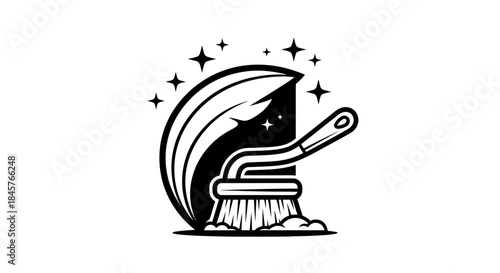 Monochromatic Cleaning Brush with Leaf and Sparkles Logo Design.
