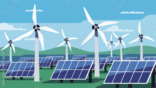 Renewable energy industry with wind turbines and solar panels, modern flat vector illustration, ideal for sustainable industry and clean energy themes