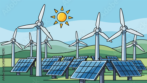 Renewable energy industry with wind turbines and solar panels, modern flat vector illustration, ideal for sustainable industry and clean energy themes