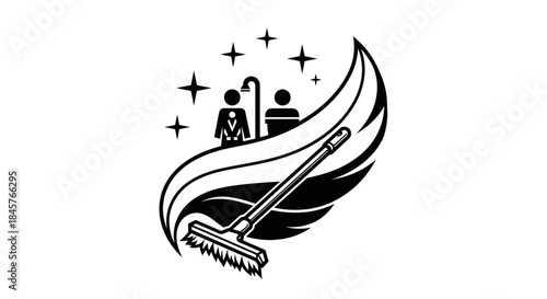 Cleaning service logo with broom and people icons.