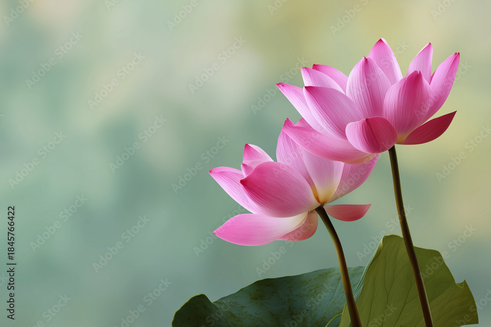 Obraz premium Two exquisite pink lotus flowers gracefully blooming against a soft pastel background, symbolizing purity, serenity, and the tranquil beauty of nature.