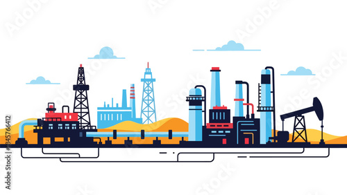 Oil and gas industrial facility with pipelines and tanks, modern flat vector illustration, ideal for energy, industry, and infrastructure content