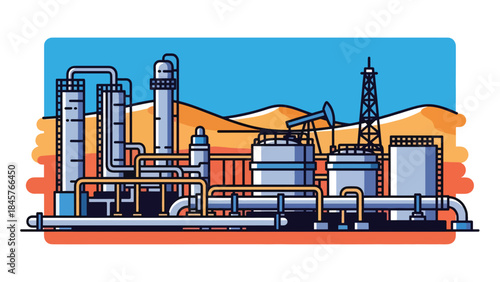 Oil and gas industrial facility with pipelines and tanks, modern flat vector illustration, ideal for energy, industry, and infrastructure content
