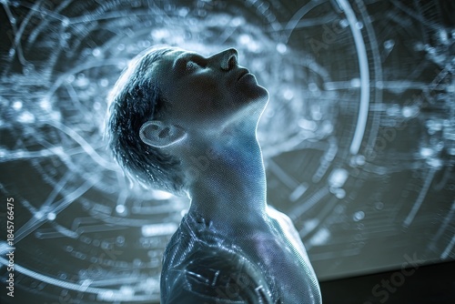 Low-angle shot looking up at a clean, person surrounded by holographic projections of complex scientific data/simulations, data analysis, theoretical research, high contr