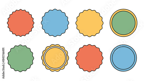 Colorful badge icons in various shapes and styles