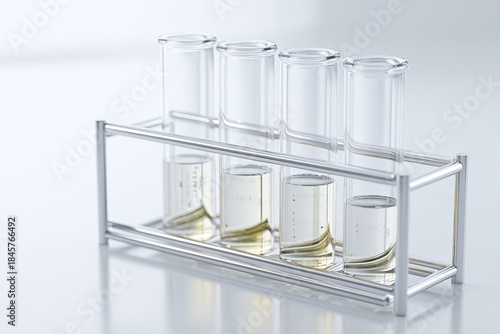 Clean, minimalist shot of a clean, simple test tube rack (focused detail) with identical, clear liquid samples isolated on a clean white surface, measurement, accuracy, c
