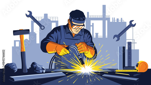 Metal fabrication and welding process in industrial workshop, modern flat vector illustration, ideal for manufacturing and engineering themes