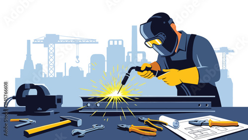 Metal fabrication and welding process in industrial workshop, modern flat vector illustration, ideal for manufacturing and engineering themes