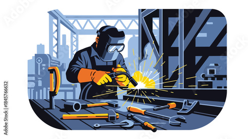 Metal fabrication and welding process in industrial workshop, modern flat vector illustration, ideal for manufacturing and engineering themes