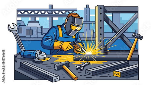 Metal fabrication and welding process in industrial workshop, modern flat vector illustration, ideal for manufacturing and engineering themes